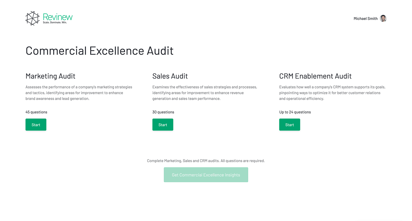 Revinew GTM assessment flow — Market and Messaging Fit questionnaire built by Pieoneers for Revinew