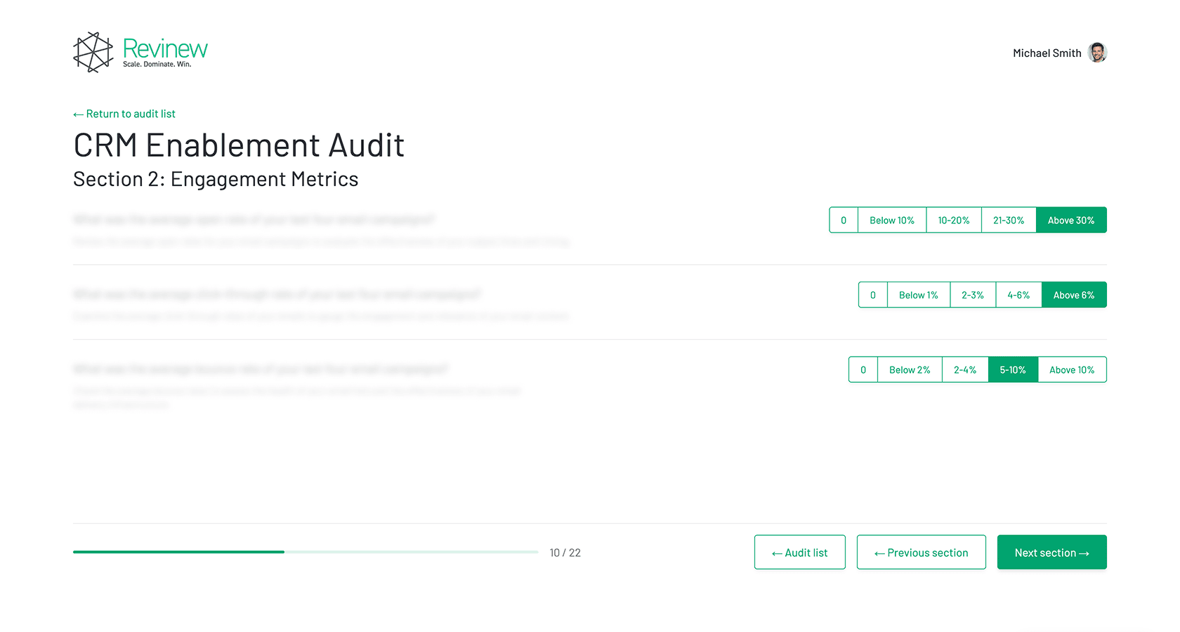 CRM Enablement Audit questionnaire for pinpointing ways to optimize a company's CRM system for better customer relations and operational efficiency.
