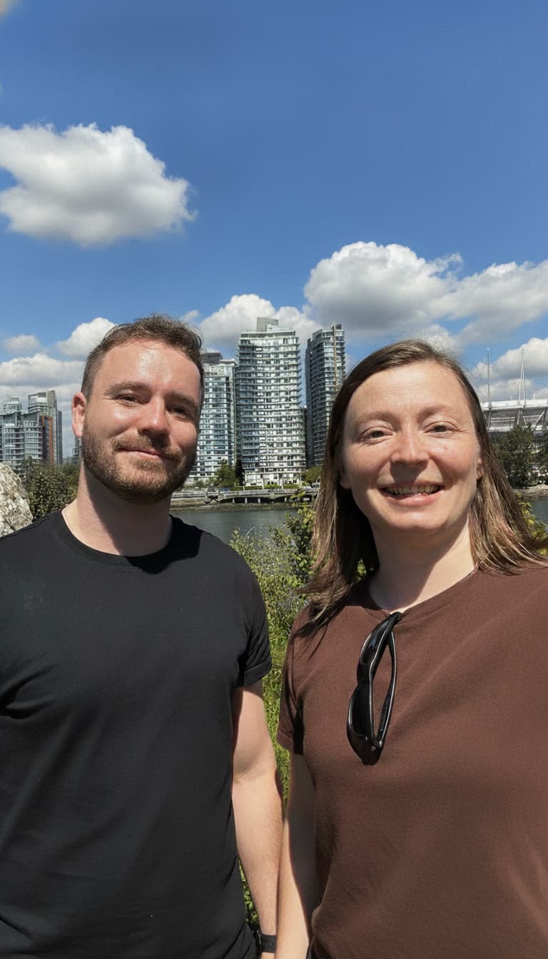 Maclean Liski (Revinew) and Olena Tkhorovska (Pieoneers) during a work session in Vancouver