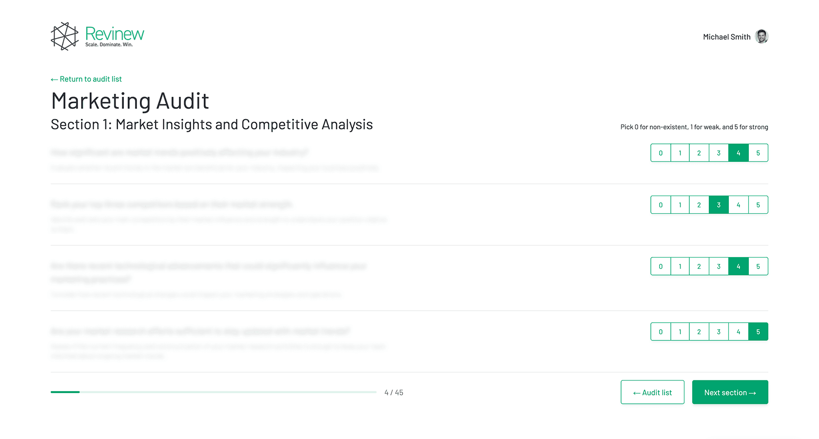 Revinew Marketing Audit questionnaire for brand awareness and lead generation performance analysis
