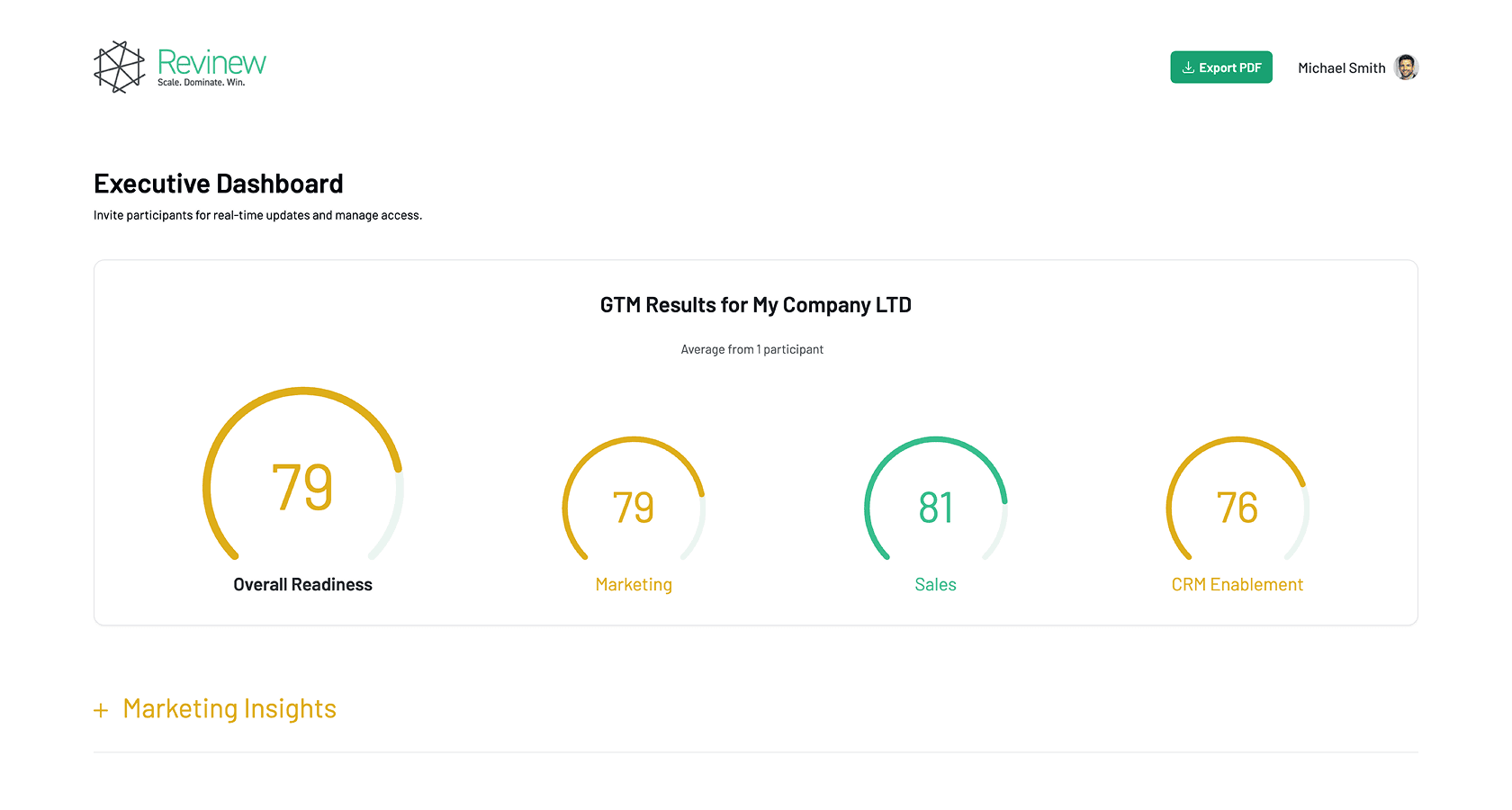 Revinew GTM results dashboard showing Marketing, Sales, and CRM Enablement insights for business growth