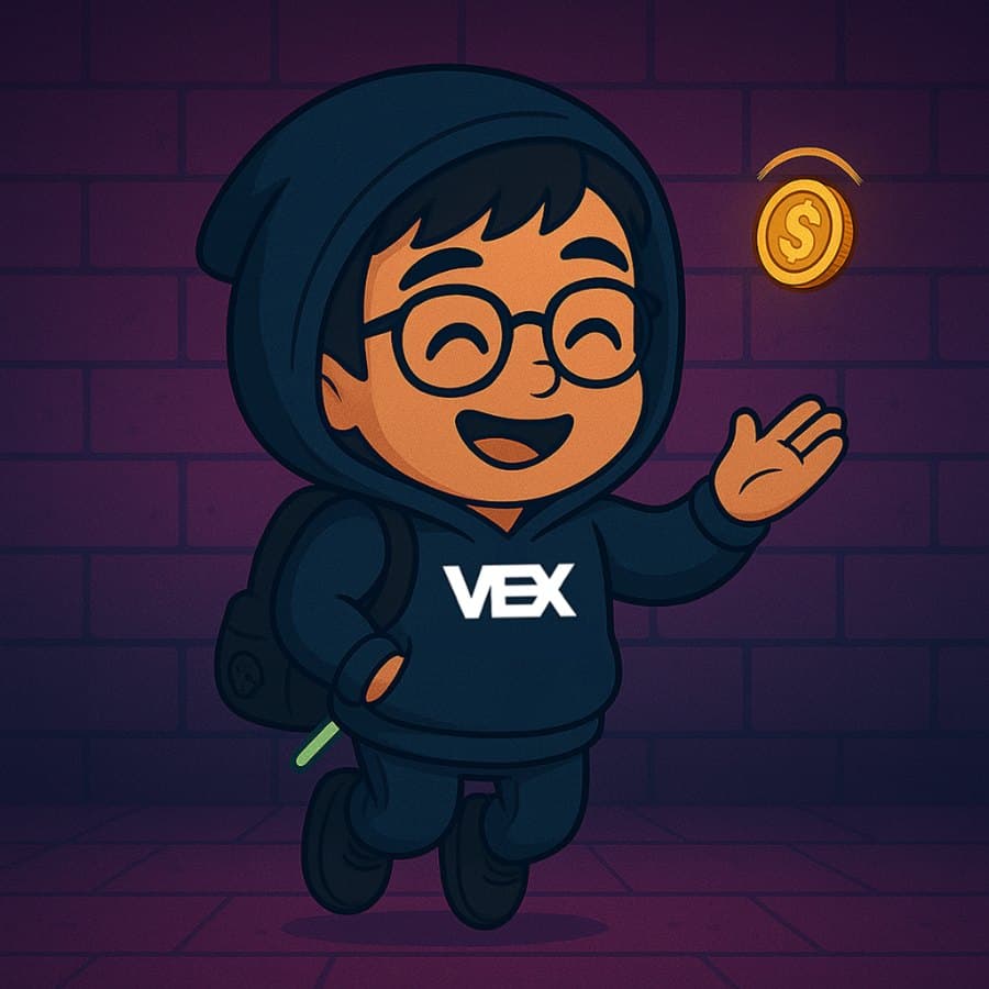 402kid Vex mascot holding a Vex flag