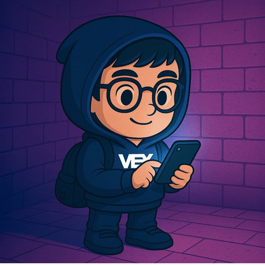 402kid Vex mascot checking the Vex app on a phone