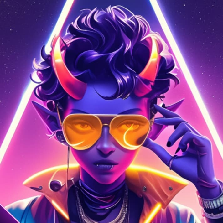 Vex avatar Zero in full detail: horned synthwave character with gold aviator glasses