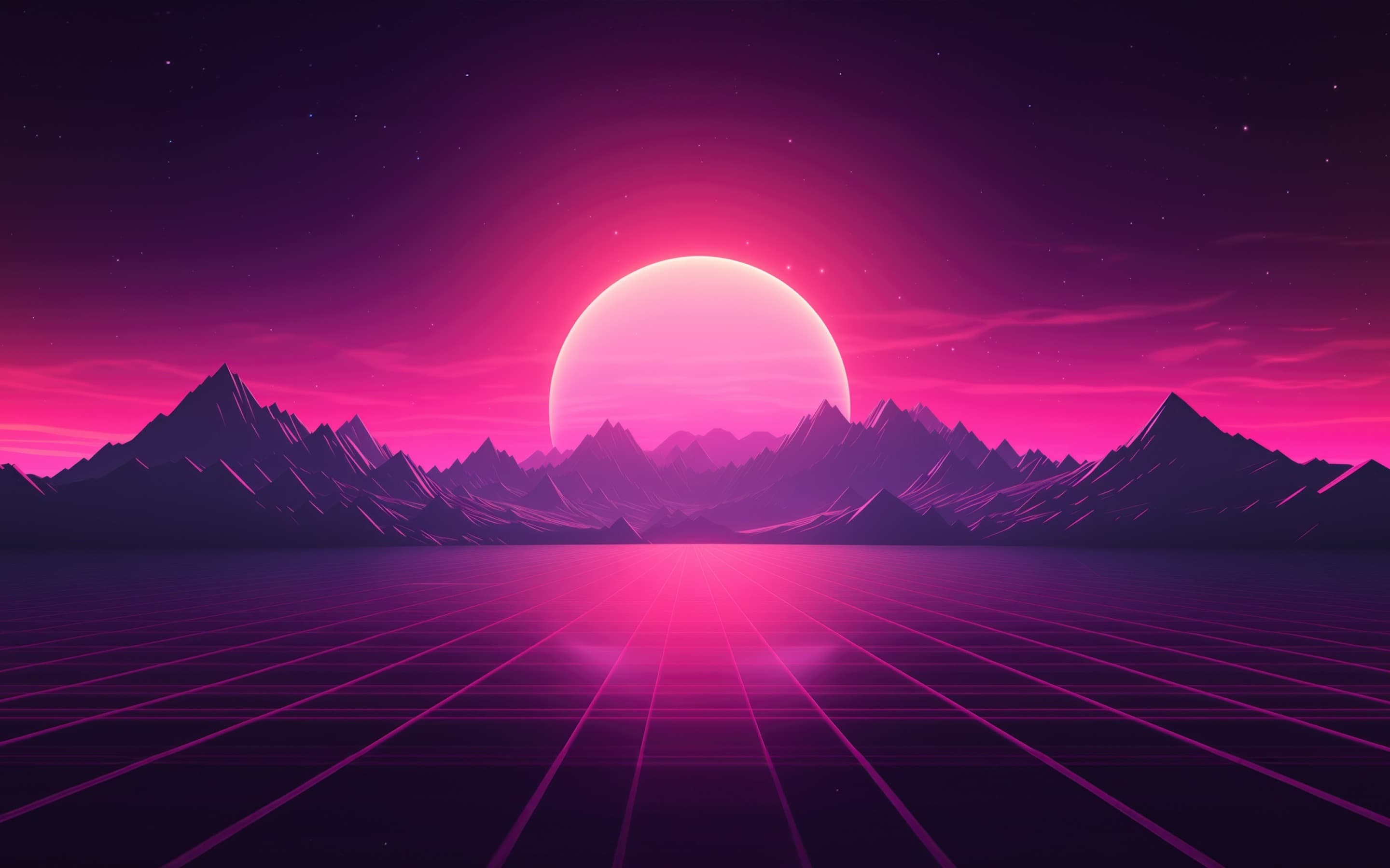 Vex synthwave sunrise over neon mountains and a glowing grid, the brand world of the Vex trading platform