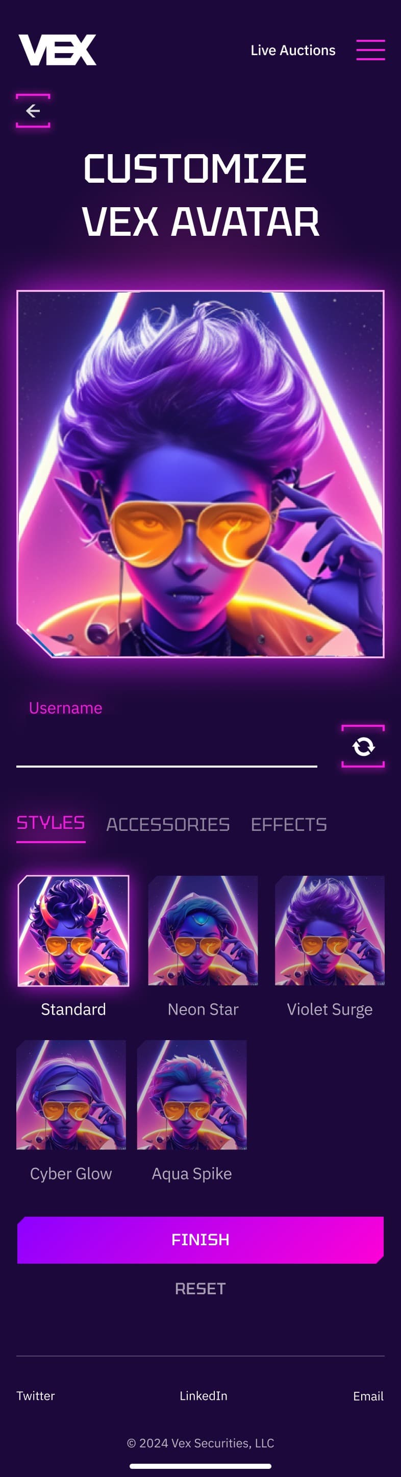 Vex avatar customisation screen for the avatar Echo, with username, styles, accessories and effects
