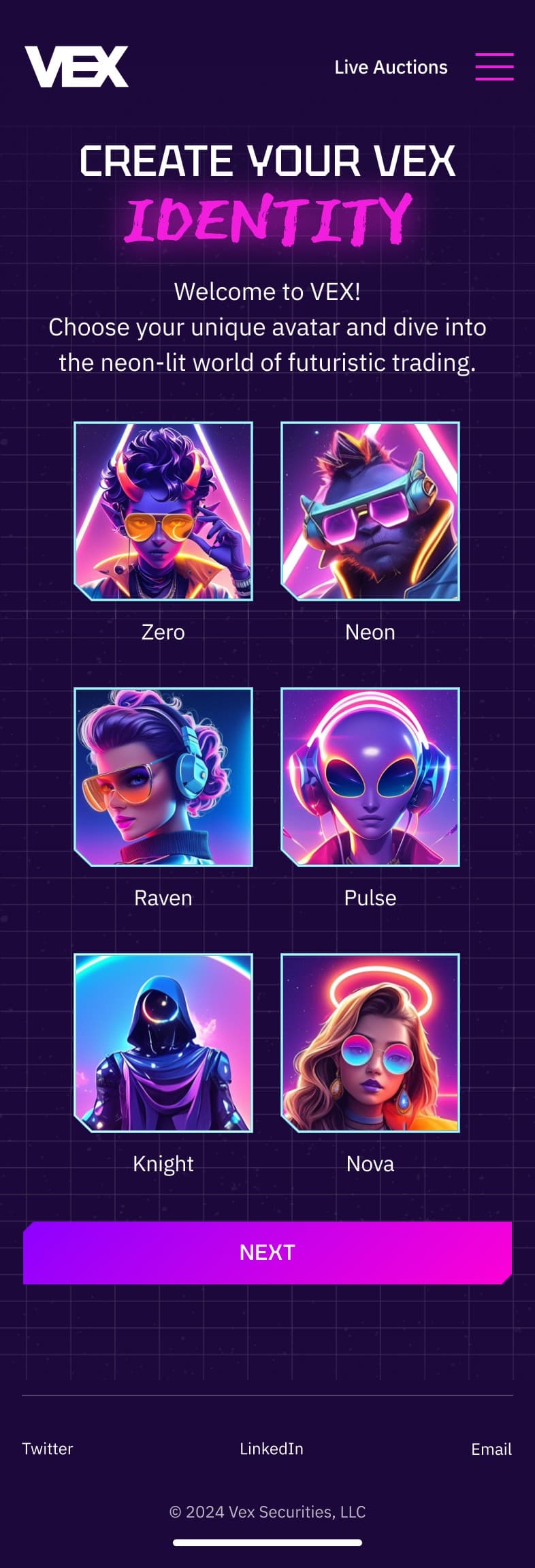 Vex onboarding screen: Create your Vex identity, choose an avatar