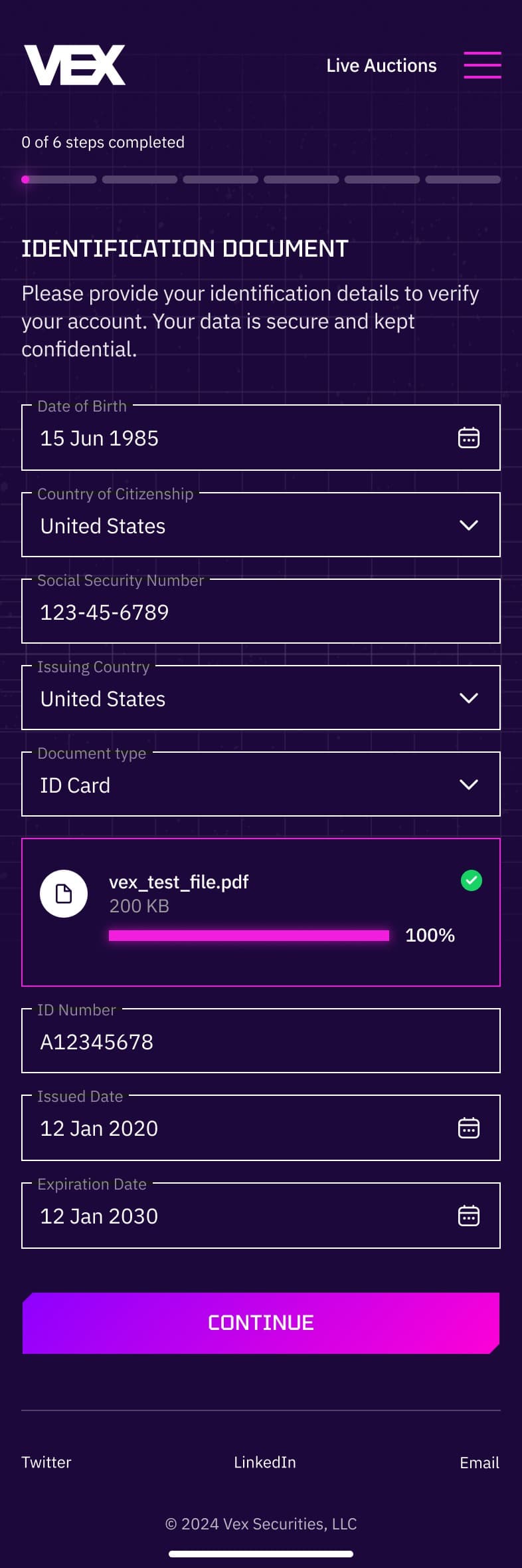 Vex KYC onboarding screen: identification document details and upload, shown with sample data