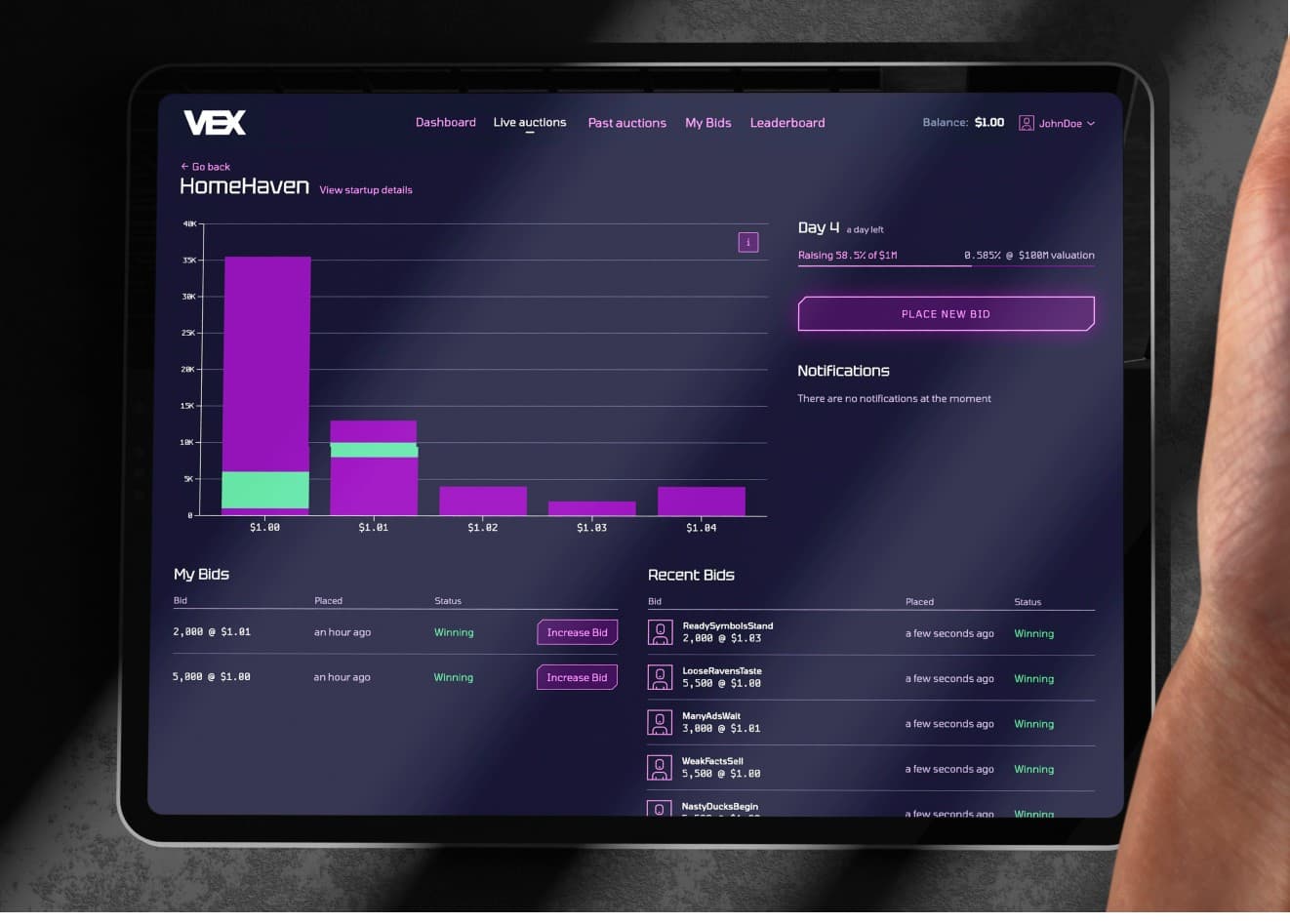 Vex live auction dashboard on tablet: bid distribution chart, my bids and recent bids