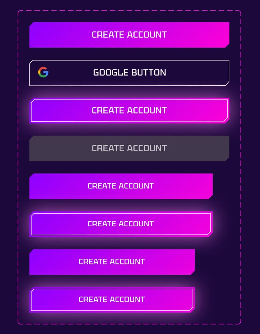 Vex design system buttons: gradient cut-corner primary, Google sign-in, glow and disabled states