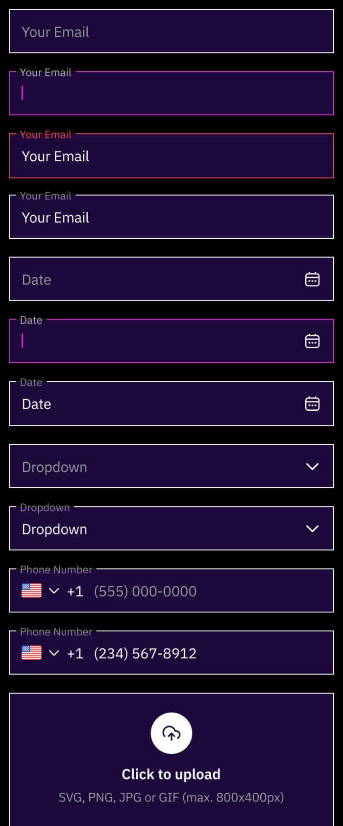 Vex design system form inputs: text, date, dropdown, phone, file upload and signature fields