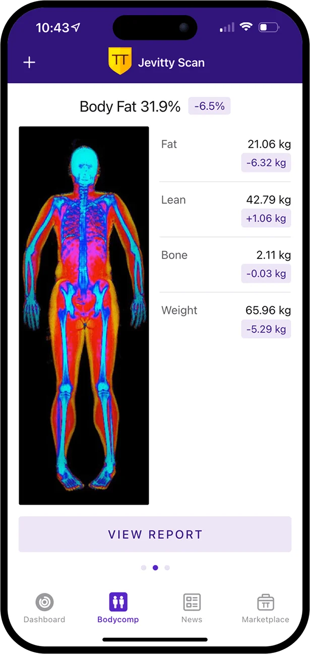 Jevitty app showing a Bodycomp DEXA body composition scan with fat, lean, bone and weight changes