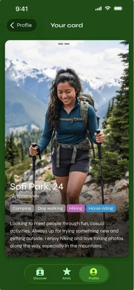 SPORTAMii app: member profile card with photo, sports tags and bio