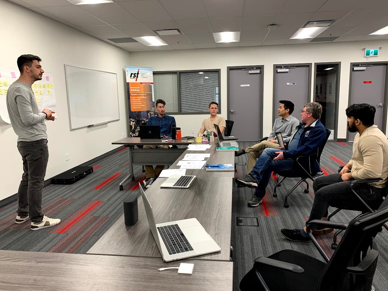 UX Designer, Alex, is leading the discovery phase of the UX Workshop, explaining the process to the RST field engineers and the hardware and software engineers.