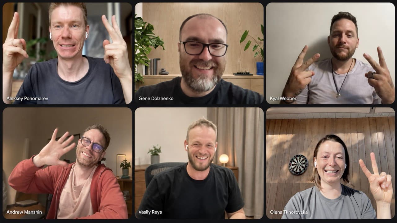 Pieoneers team client call on Google Meet, all smiling.