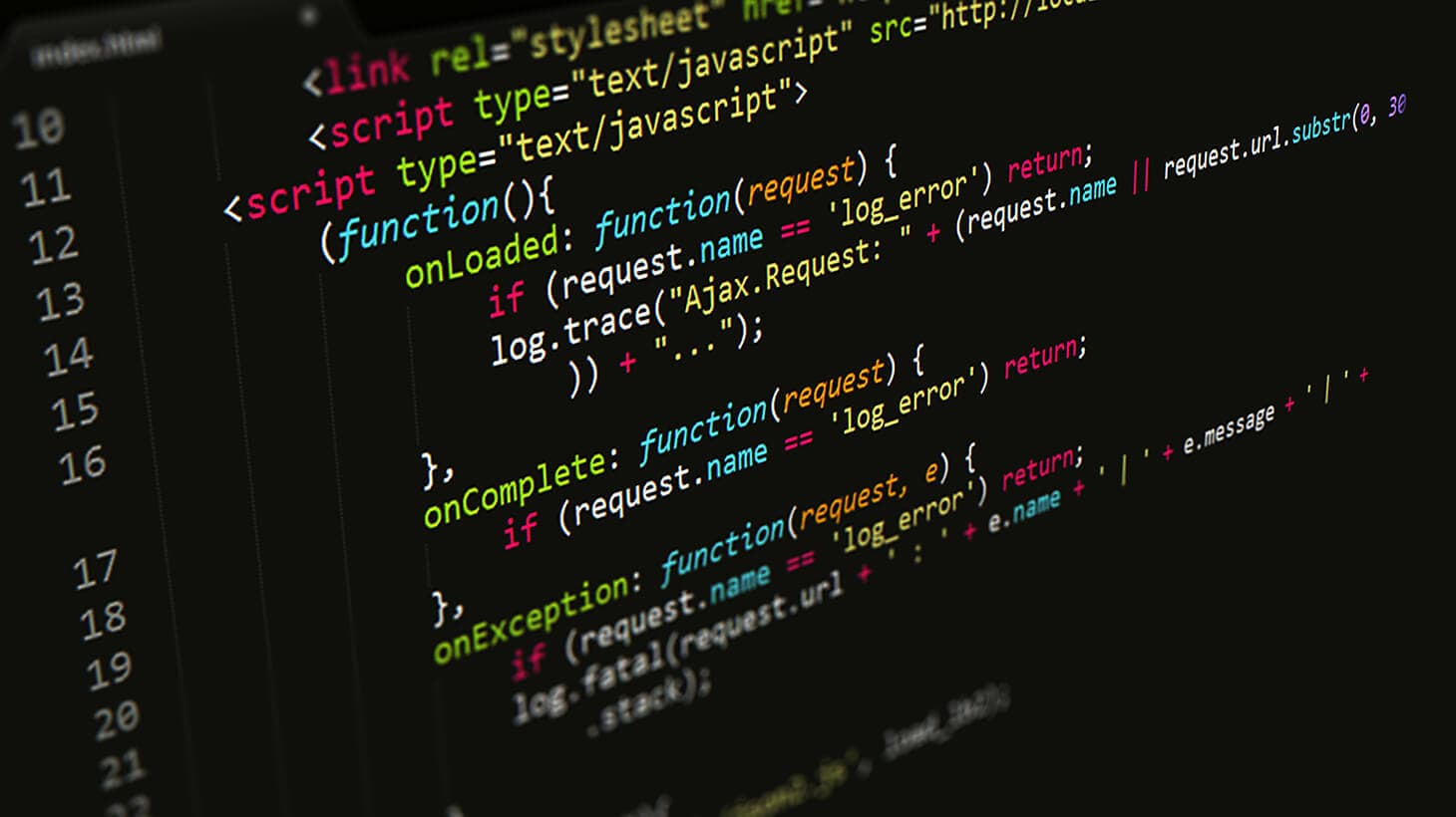 JavaScript code in black text editor