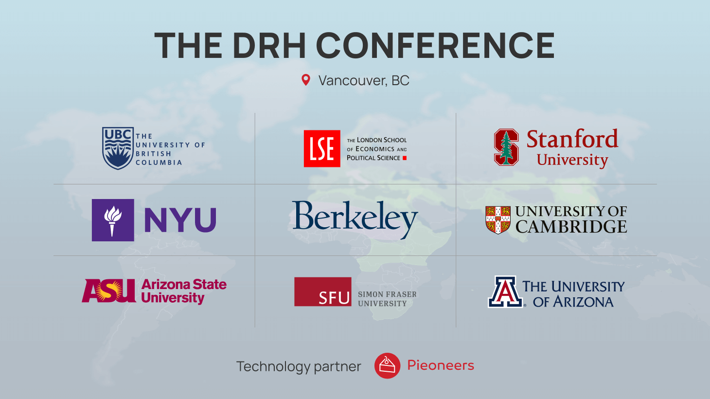 Logos of universities whose representatives attended the conference including NYU, LSE, UBC, SFU, ASU, the Citadel, Stanford, Cambridge, and Berkeley
