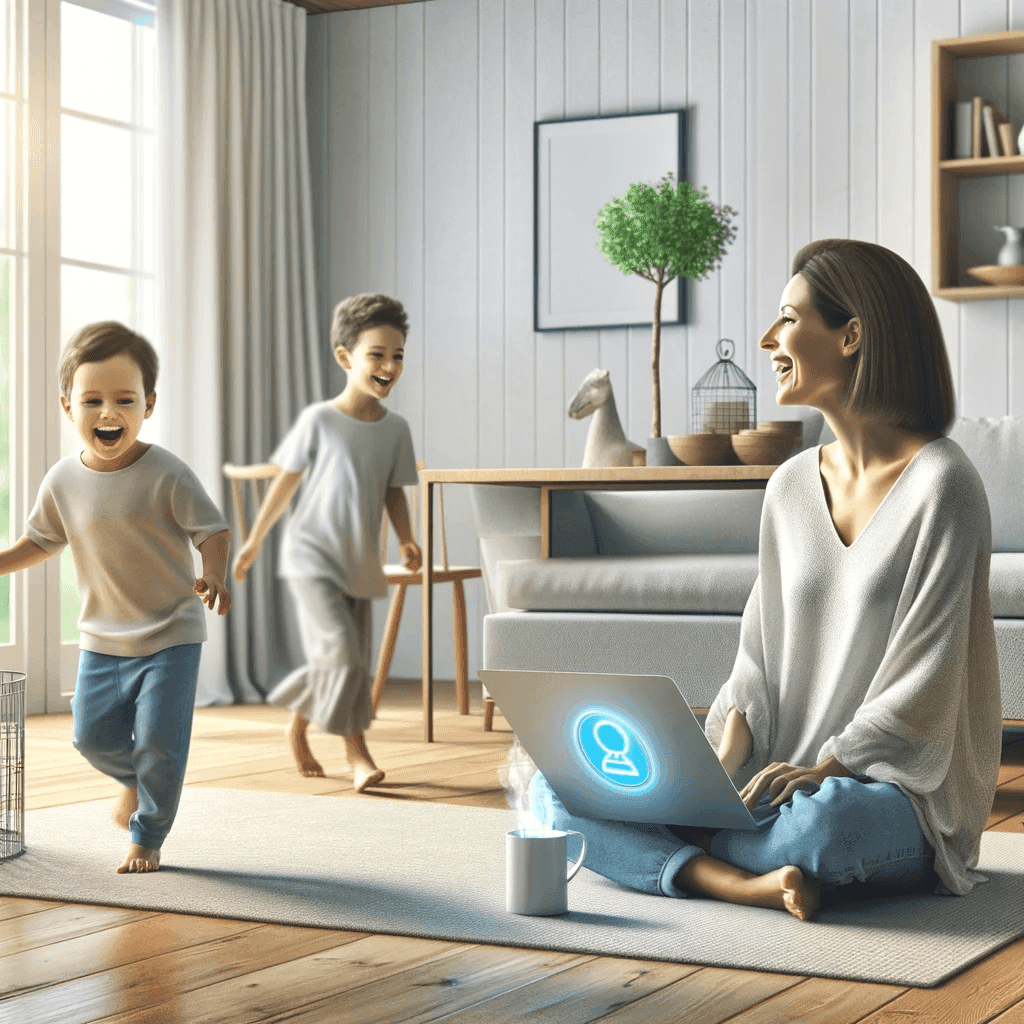 A mother enjoying quality time with her children in a serene and uncluttered space, symbolizing the ease AI brings to everyday life.
