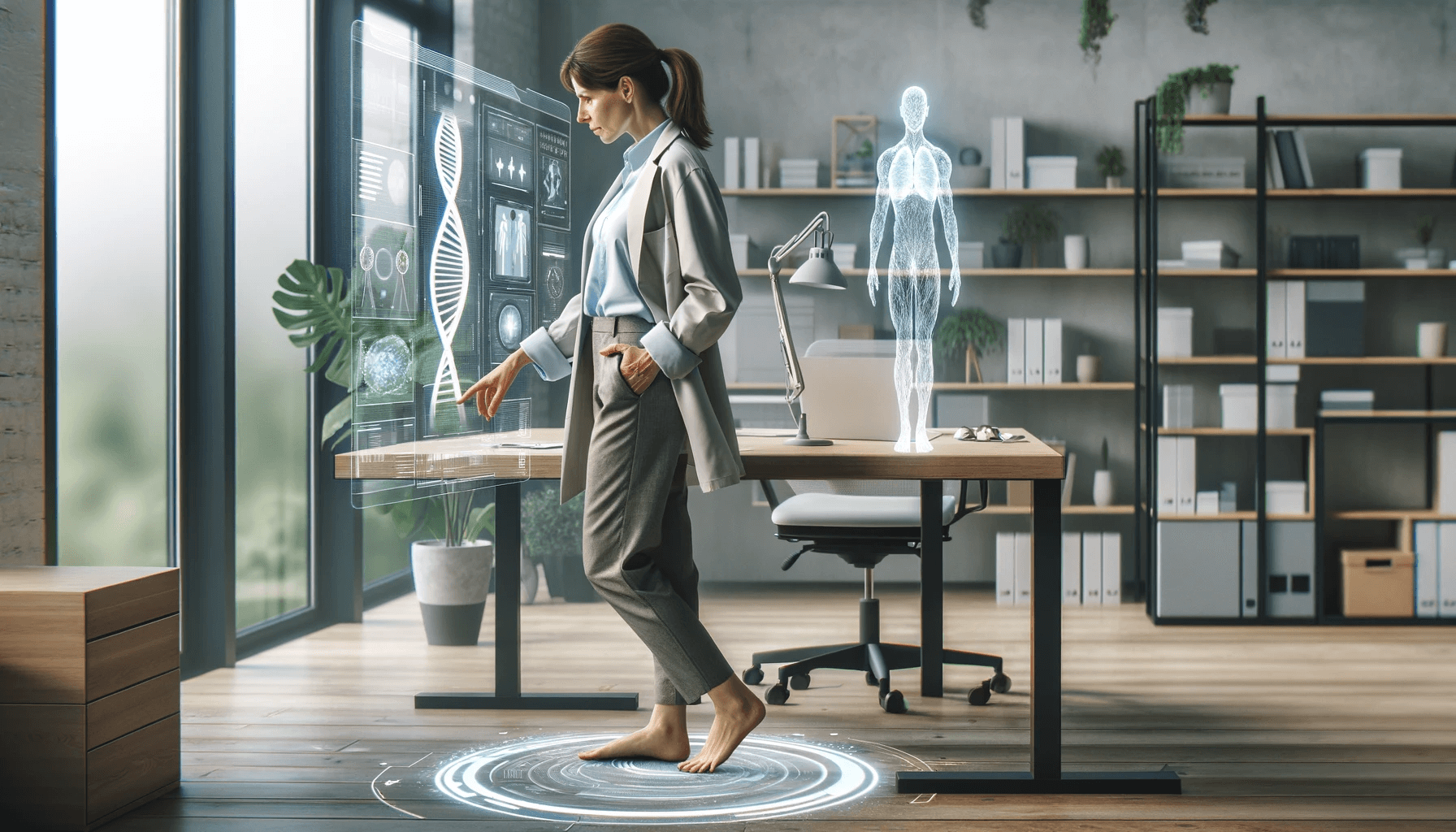 A future medical doctor can review genetic test data with ease on her holographic screen. She can navigate the new interface in 3D using her voice and her full body, even her feet.