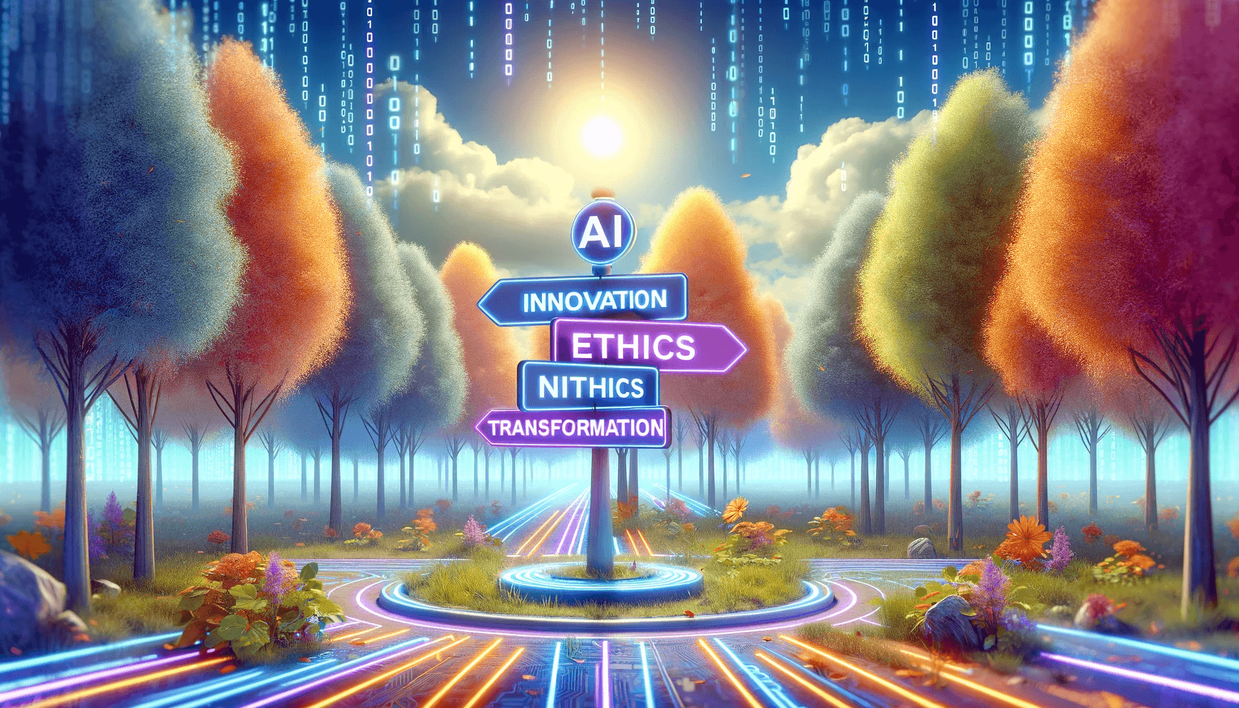 A crossroads in a vibrant digital landscape with trees, with a main signpost pointing left and right labelled 'AI Future'. Other signs say Ethics, Nithics, Transformation. The signs imply many benefits in AI Development and that innovation can take another direction than ethics. There may be undiscovered things like 'nithics', which is a made-up word, a play on 'ethics'. Letter 'n' adds a hint this points in neither direction.