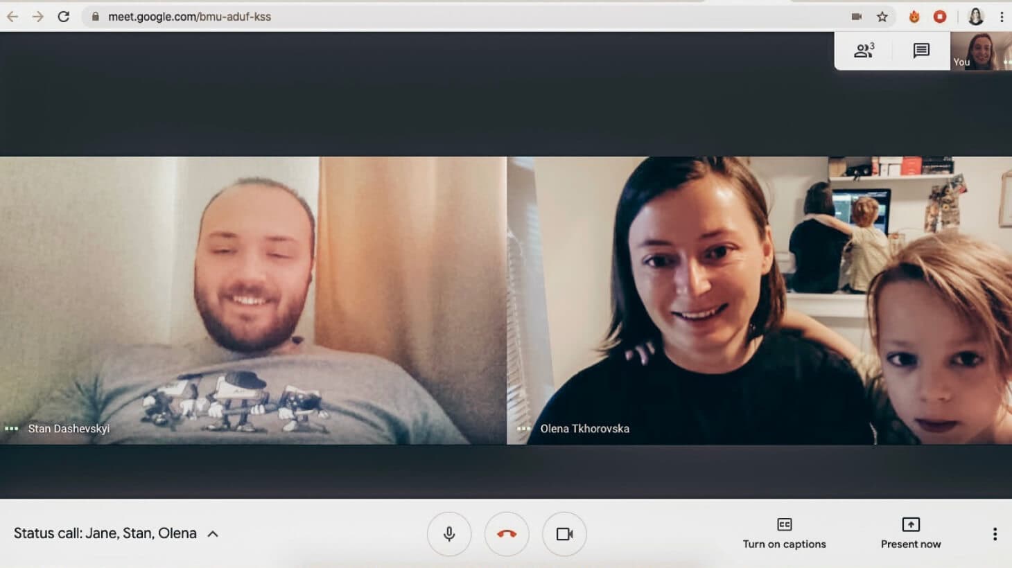 Olena's son Eric stops by to say hi on Google Meet.