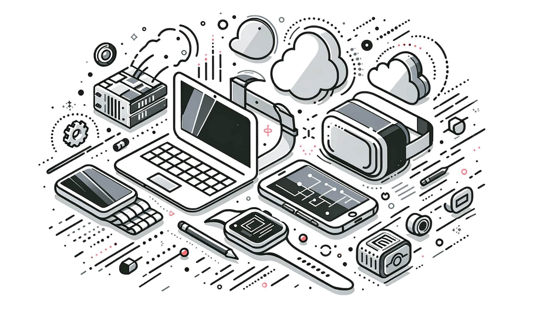 The trends in app development are evolving quickly. Adoption of low-code and cross-platform app development is on the rise. The picture displays a dynamic arrangement of contemporary gadgets, sensors, and user interfaces that facilitate interaction.